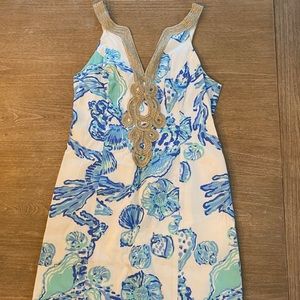 Lilly Pulitzer shell print embellished gold dress